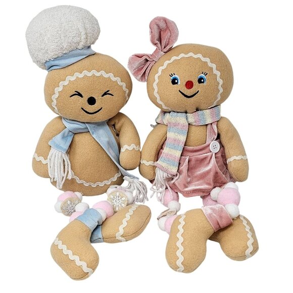Plush Pastel Gingerbread Girl and Boy Christmas Shelf Sitters Set - Picture 1 of 7